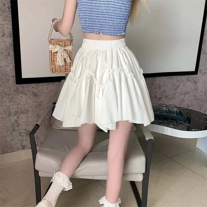 White Sweet A-line Skirts Women's Thin Irregular Hem Elastic Waist Cute Cake Skirt Preppy Style Korean Fashion Spring Summer