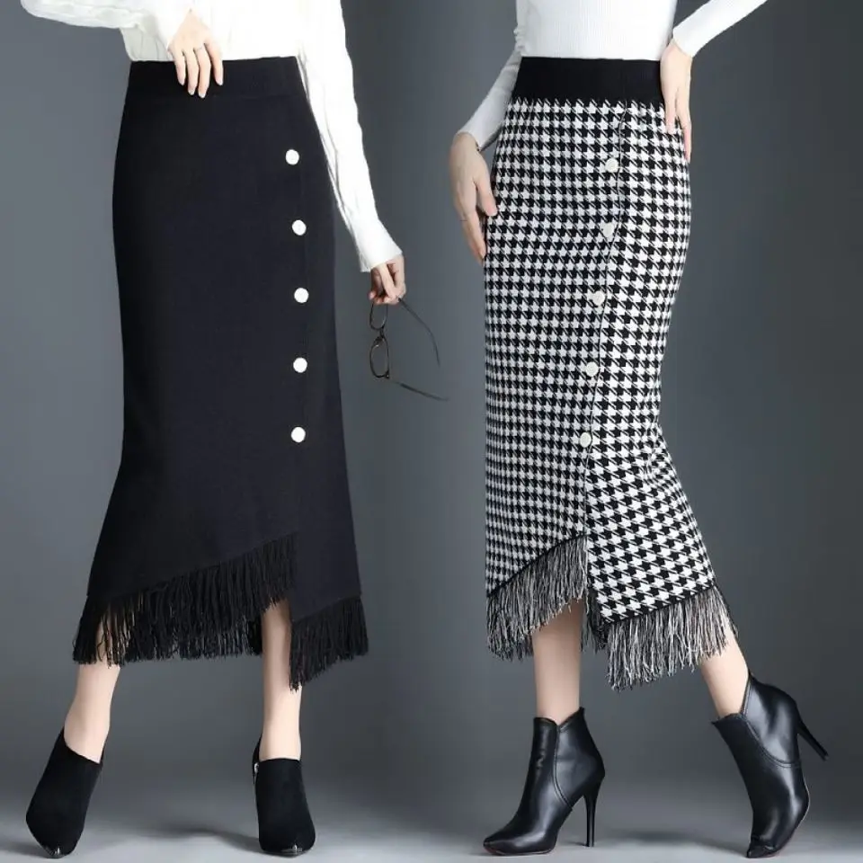 Knitting Skirts Ladies Autumn Winter Houndstooth High Waist Tassel Fleece All-match A-line Skirt Women Clothes Fashionable Skirt