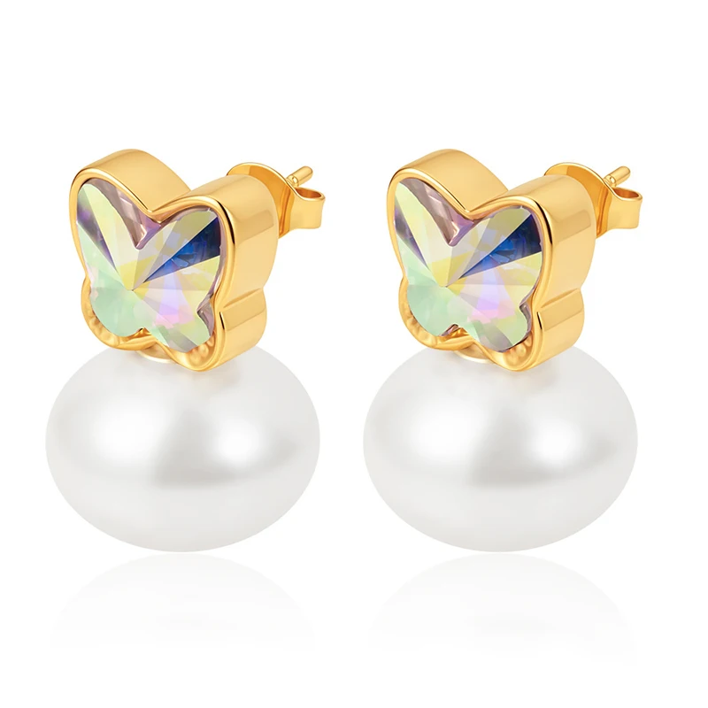 Fashion Imitation Pearl Pendant Crystal Butterfly Stud Earrings Woman Stainless Steel Gold Color Female Daily Jewelry Earrings