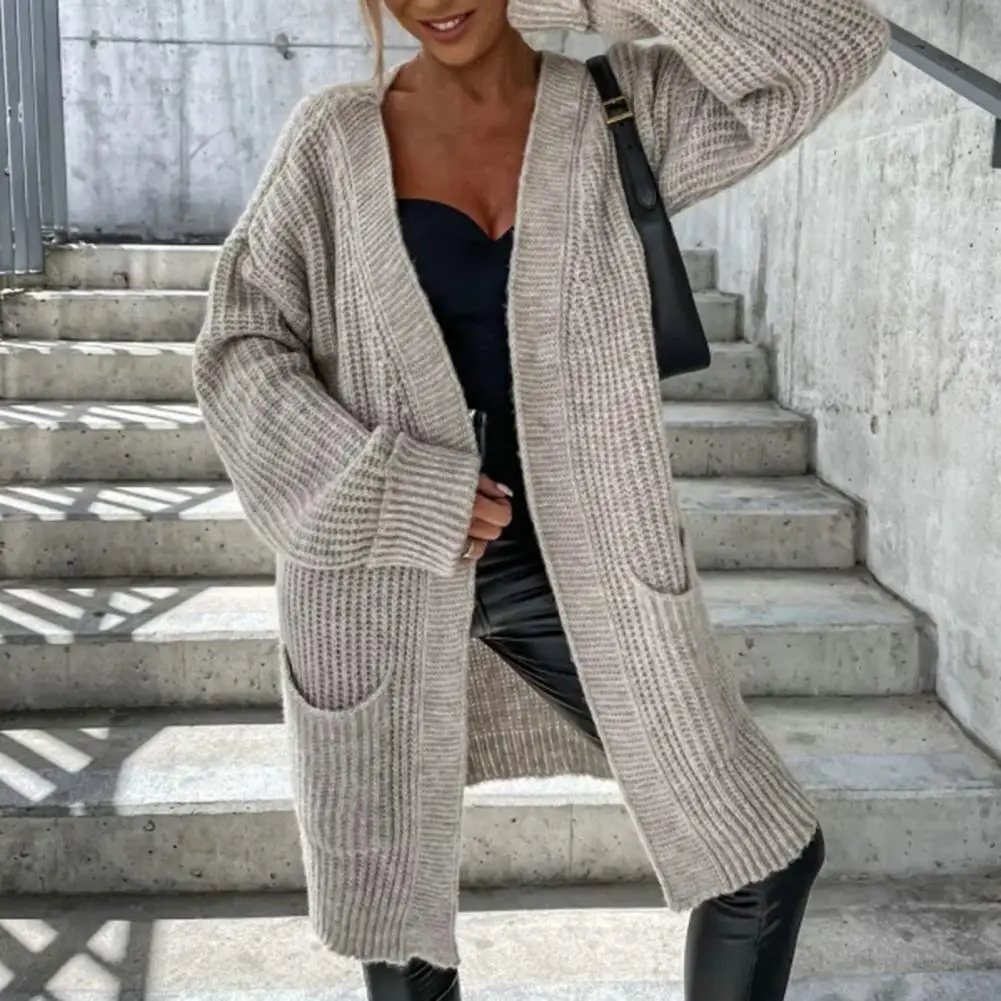 Elegant Women Coat Lady Sweater Coat Cozy Women's Knit Cardigan Coat Mid-length Loose Fit Solid Color with Patch Pockets Soft