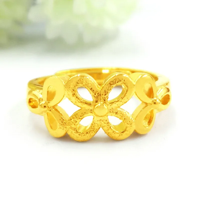 9999 Real Gold 24K Japanese and Korean Fashion Women's Open Butterfly Clover Ring Gold Gold Ring