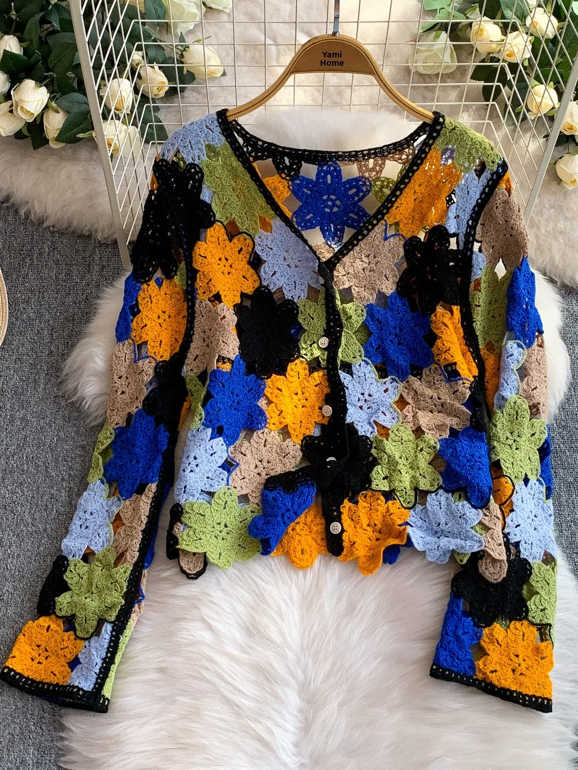 n Vaion Sle Long Sve V-Ne Hollow out Gestrickte Sonnenschutz-Oberbekleidung Damen Herbst Surprising Color Top