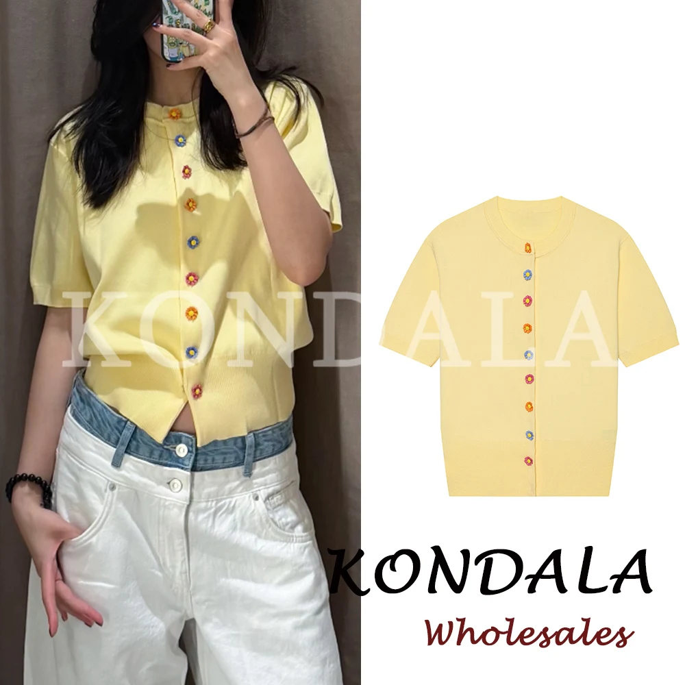 KONDALA Chic Vintage Women Yellow Summer Casual Floral Button Knitwear Y2K Streetwear Fashion 2026 O-Neck Short Sleeve Cardigans