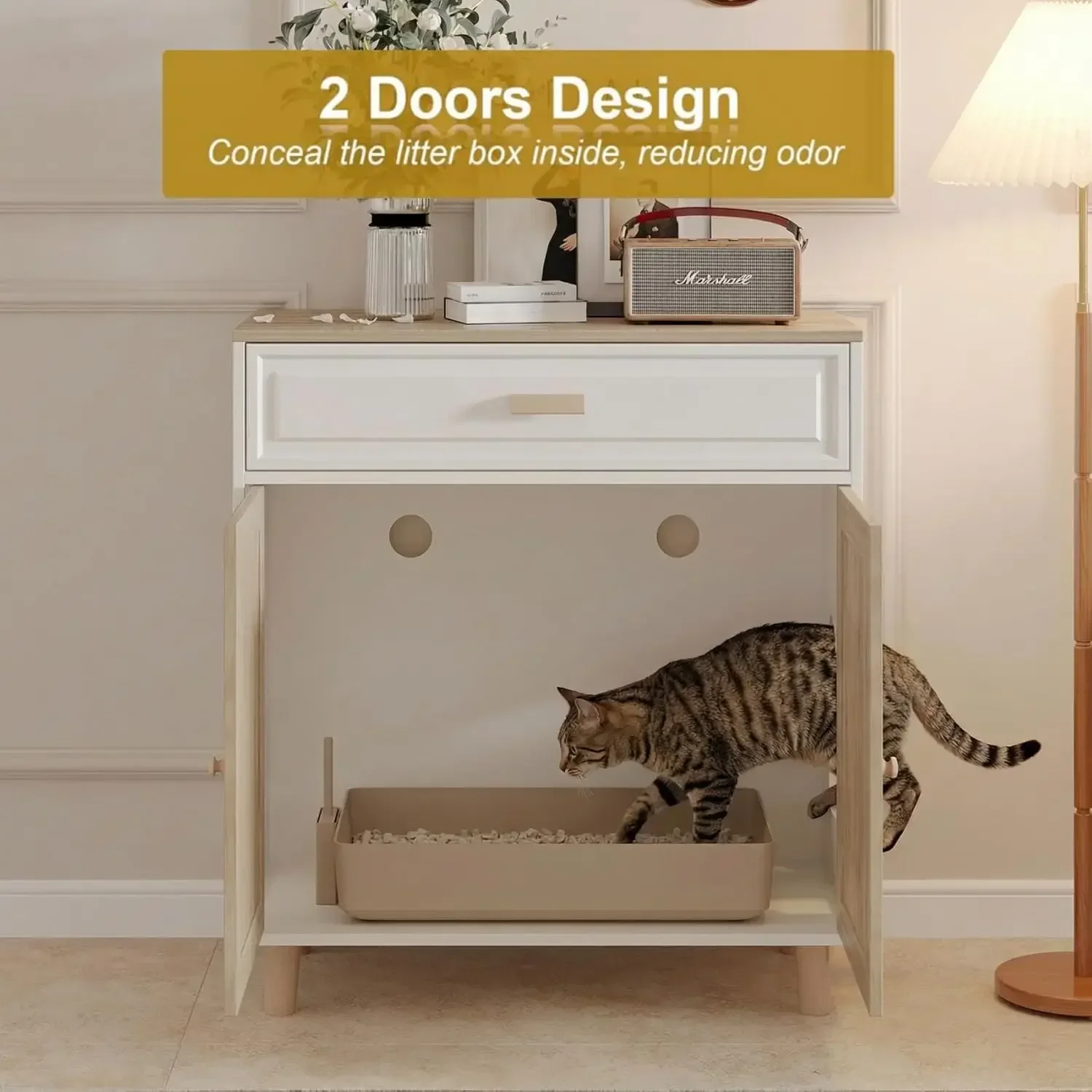 Cat Litter Box Enclosure Furniture Hidden Indoor 2-in-1 Wooden Cat House & Washroom Cabinet with Scratching Board Doors and Draw