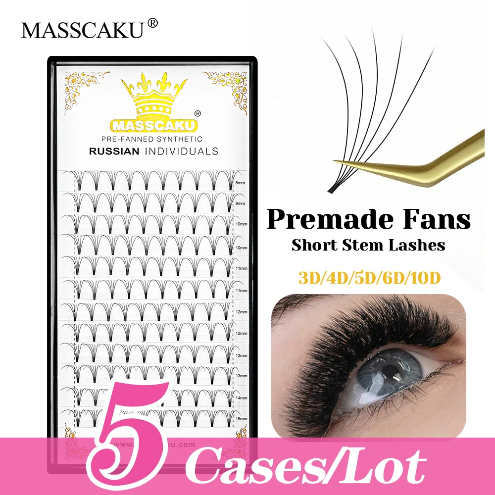 

5cases/lot MASSCAKU 8-15mm Single and Mix Size Short Stem Fans Eyelash 3D Effect Waterproof Thin Root Eyelashes Easy to Operate