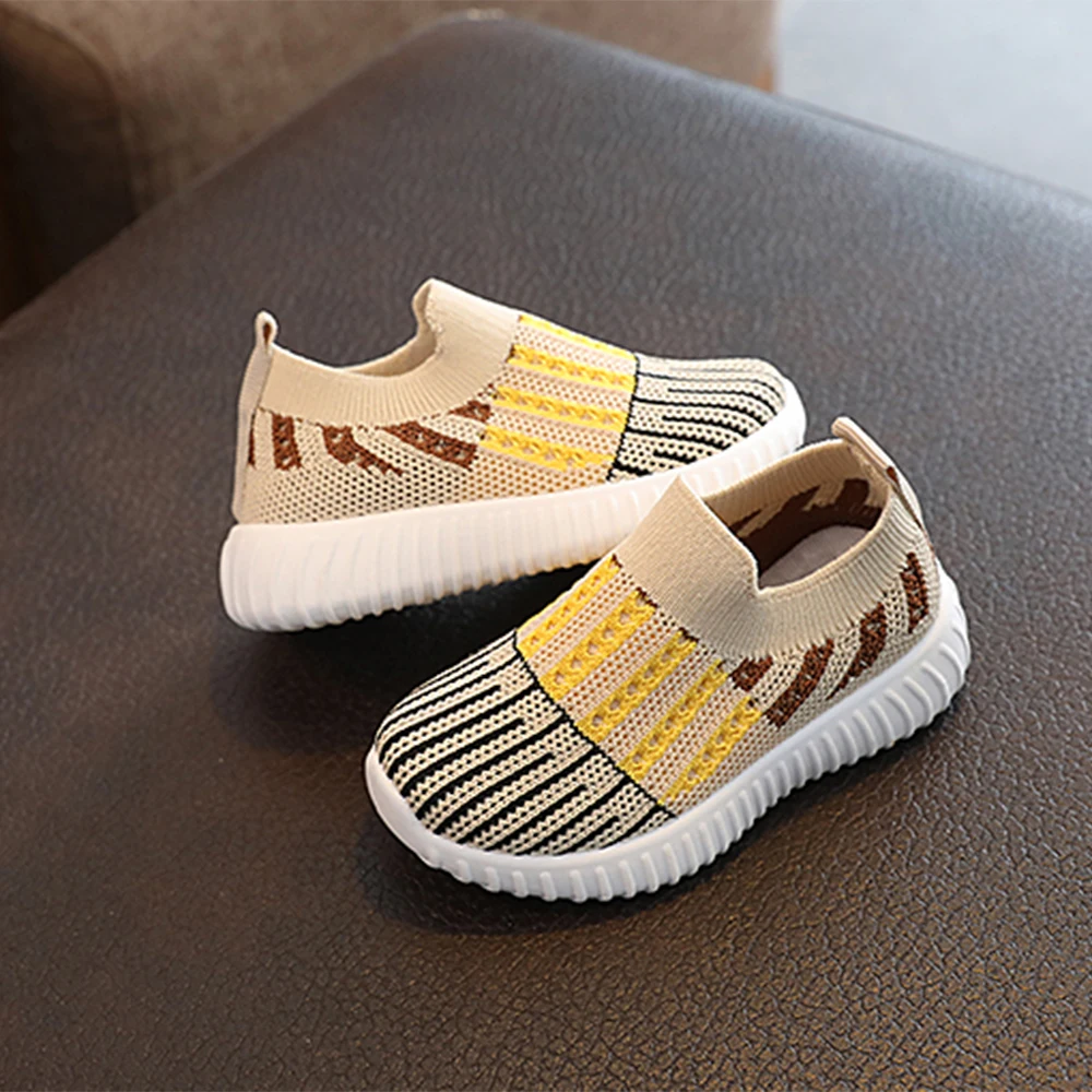 COMFY KIDS Toddler Khaki Striped Color Block Knit Slip-On Sock Sneakers, Soft Cushioned Non-Slip Breathable Baby Walker Shoes, S