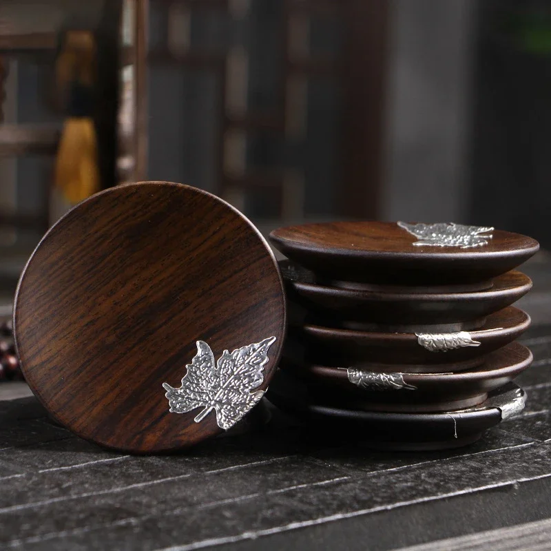 6pcs Ebony Tea Coaster Creative Retro Cup Holder Pure Tin Lotus Leaf Maple Leaf Coaster Solid Wood Chinese Tea Set Accessories