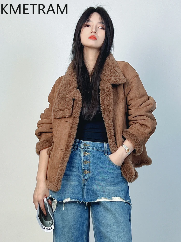 KMETRAM 100% Wool Coats for Woman Old Money Style Brown Short Coat Winter Clothes Loose New in Jackets 2025 пальто женское