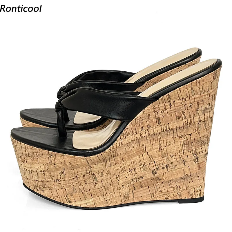 

Ronticool/женские сандалии без шнуровки ручной работы, пикантные туфли на танкетке и высоком каблуке с открытым носком, черные повседневные туфли для вечеринок, размер США 5-15