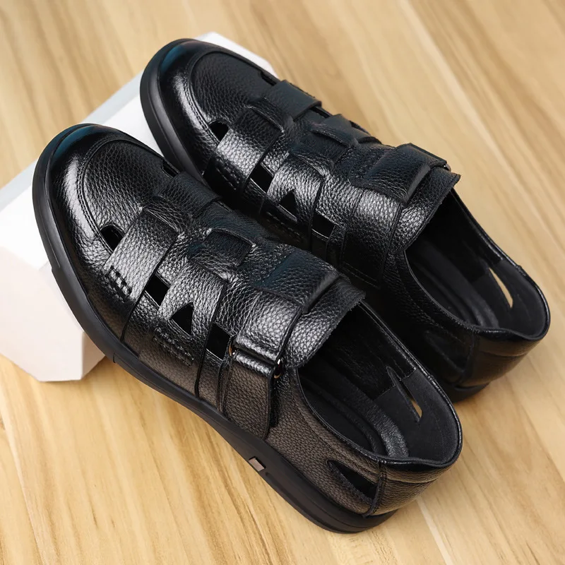 Fashion Mens Genuine Leather Sandals 2023 Summer Flat Soft Cow Leather Male Footwear Thick Sole Brand Black Casual Shoes