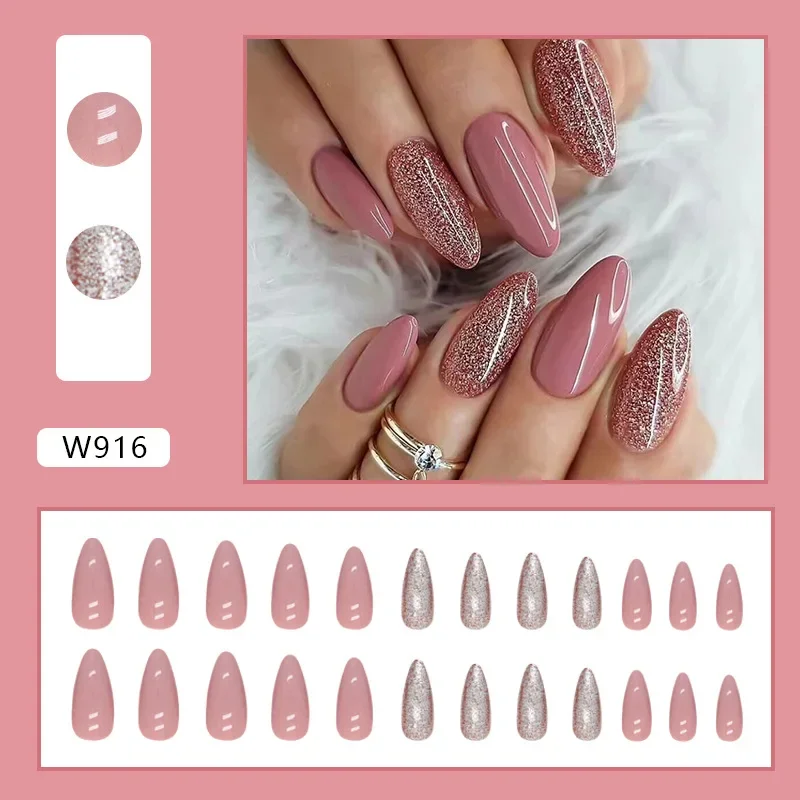 24pcs Solid Bean Pink Almond Glitter Medium Long Nails Press on False Nails with Glue Reusable Woman Artificial Fake Nail Tips