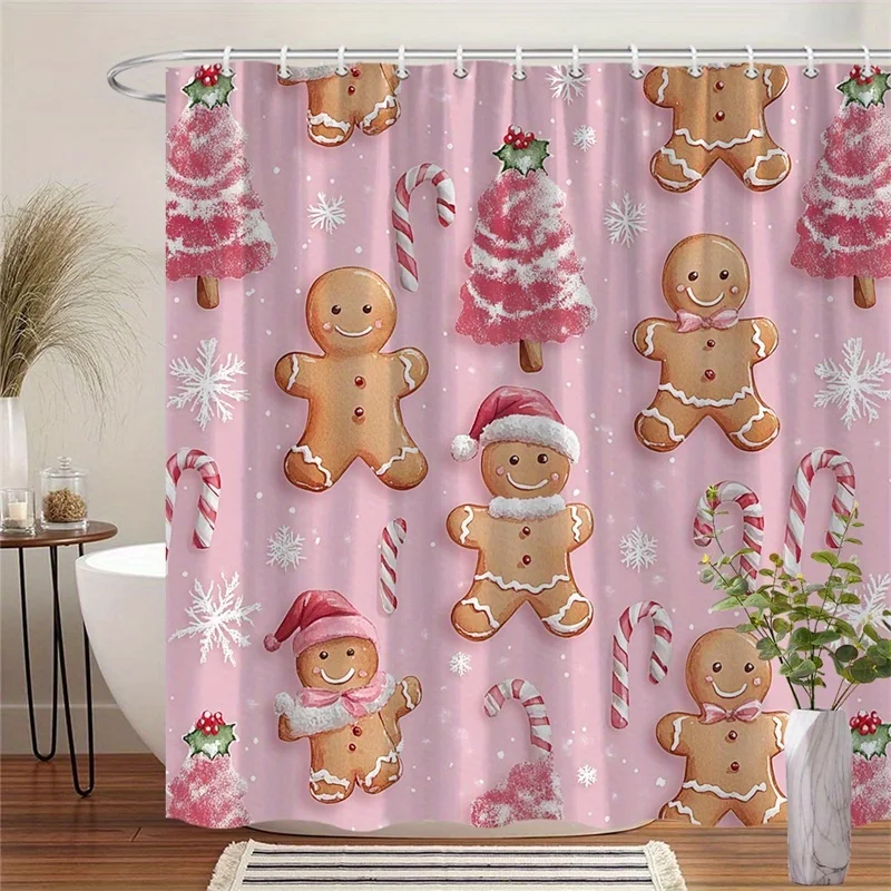 One Christmas Shower Curtain Featuring a Playful Gingerbread Man And Cheerful Candy Canes, Perfect for a Winter Wonderland Theme. Made of Polyester Fabric, It Measures 70.8X70.8 Inches And Comes with 12 Hooks for Easy Hanging