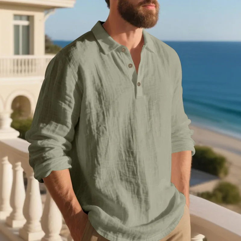 Leinen-Hemd mit Stehkragen und Knopfleiste, Herren Locker Sitzendes Atmungsaktives V-Ausschnitt Langarm-Polohemd – Detail 30