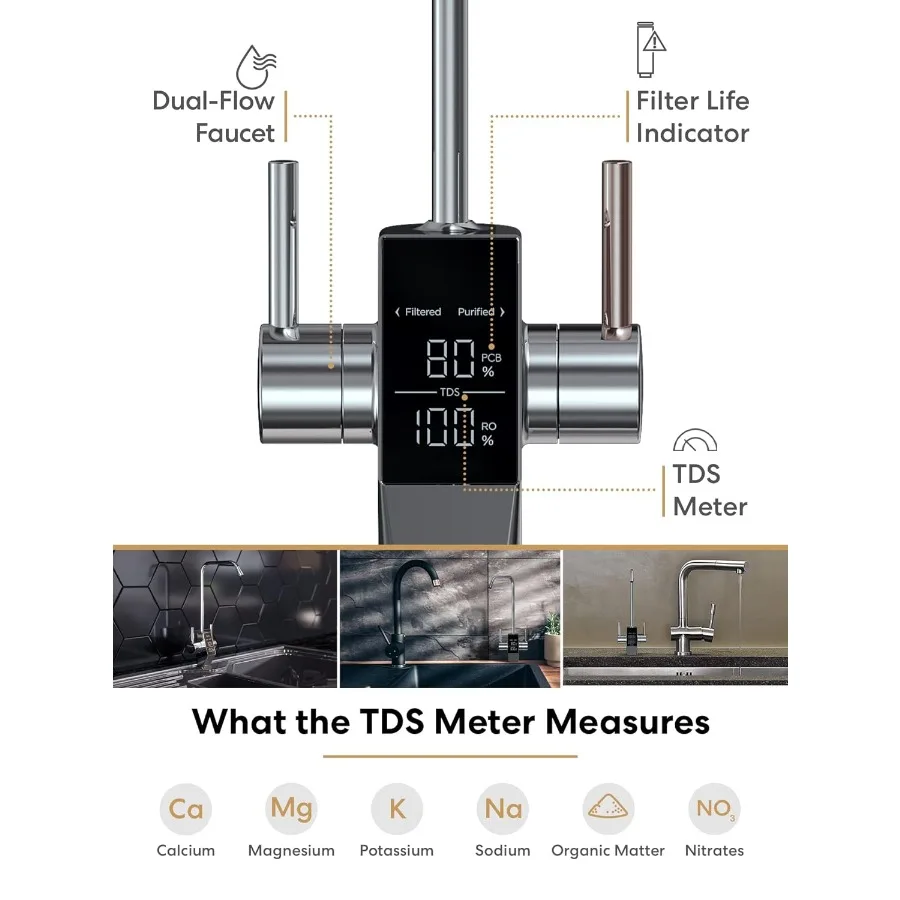 Sistema de filtragem de água por osmose reversa G20U com torneira de exibição inteligente para cozinha doméstica Capacidade de 700 GPD 2:1 puro para resíduos Rati