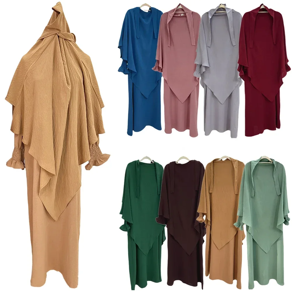 

2pcs Overhead Hijab Women Muslim Prayer Garment Ramadan Eid Dress Sets Khimar Modest Islamic Arab Robe Clothing Worship Service
