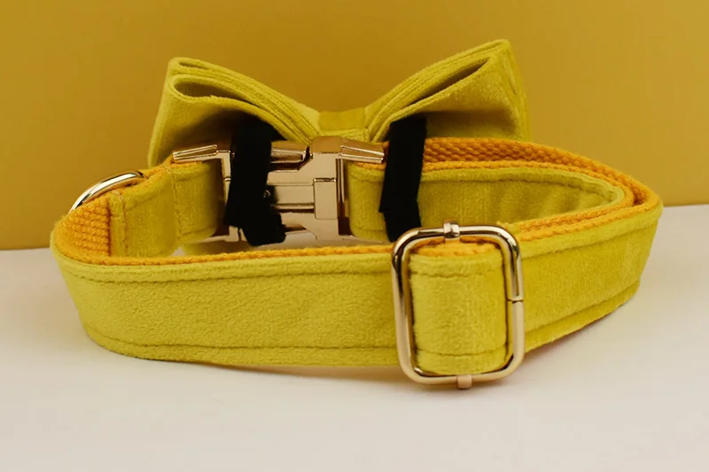 Gelbes Samt-Hundehalsband und Leinen-Set für kleine, mittelgroße und große Hunde, individuell graviertes Namensschild, Heimtierbedarf, Hundeleine, Velvet04 – Detail 9