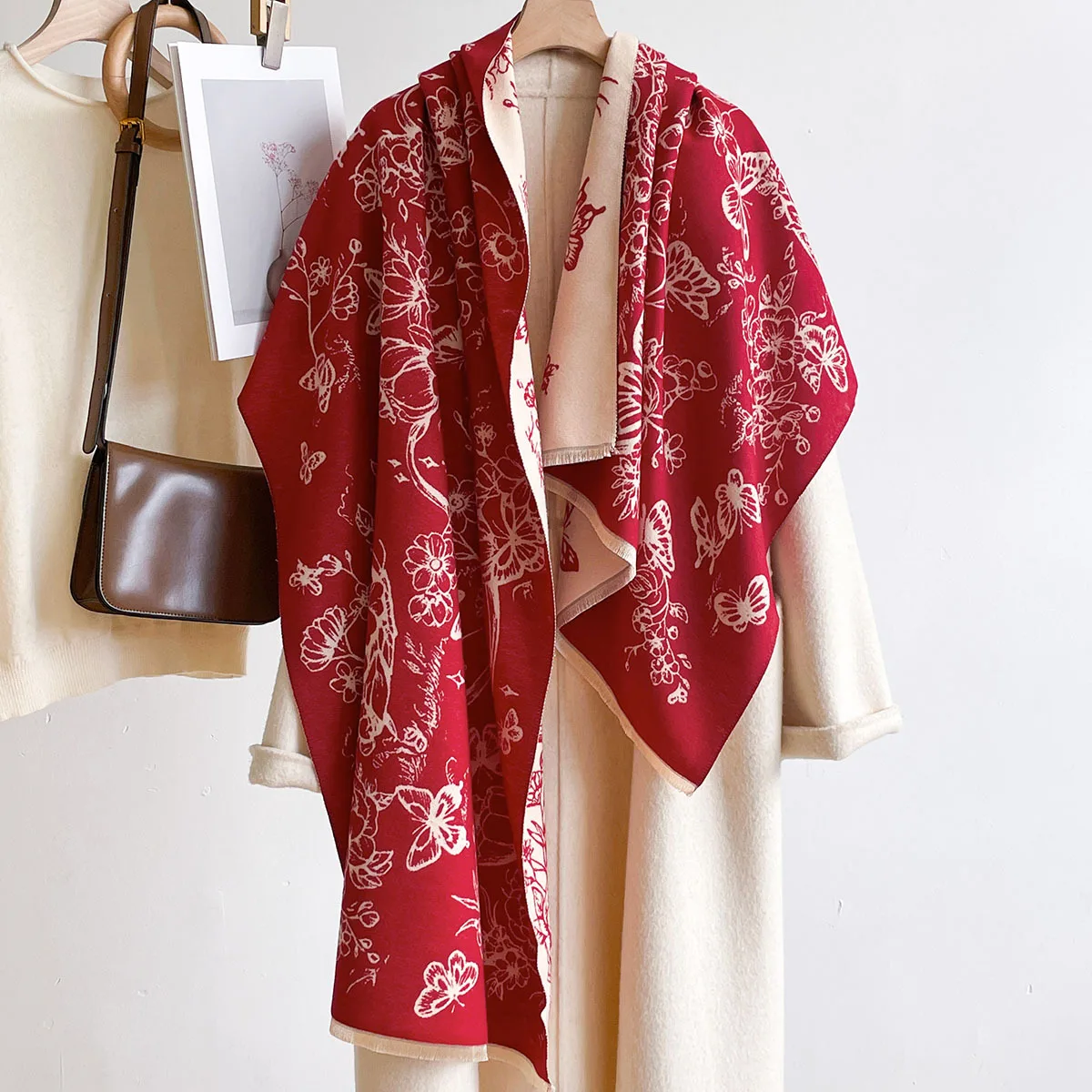 Winter Soft Faux Cashmere Blanket Scarf Vintage Burgundy Floral Butterfly Print Double Sided Wearable Wrap Ladies Fashion Warm