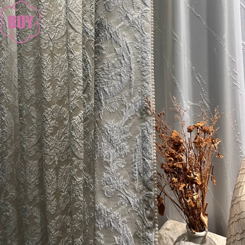 Customized Pearl Lace Champagne Gilt Embroidered Curtains for Living Room Bedroom French Window Balcony Window Villa