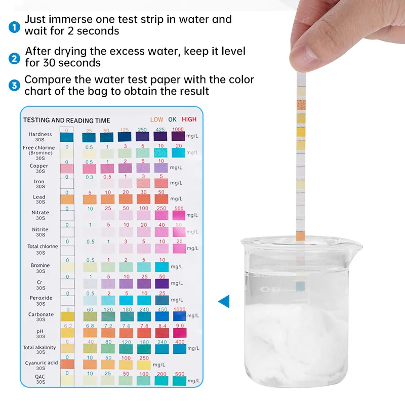 

16-in-1 Water Test Strips 50pcs Lab Accuracy for pH Chlorine Metal for Pool Aquarium Home Water Analysis Color Chart