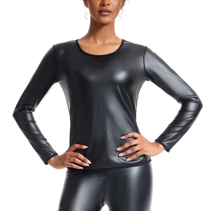 Body Shaper Women Leather Long Sleeves Shirts Faux Motorcycle Biker tops Waist Trainer Slim Tshirt Fashion Casual Shapewear tops