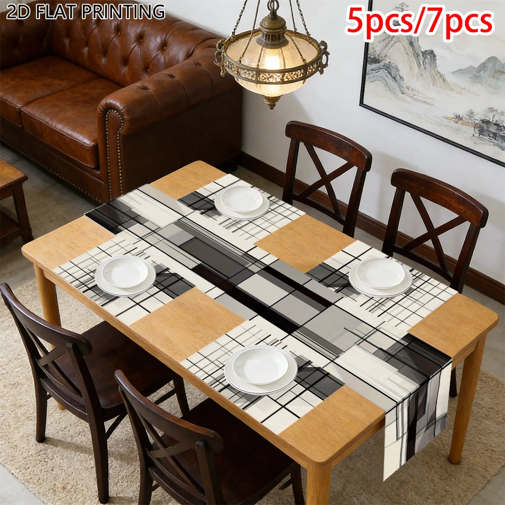1pc Geometric Abstract Theme Black White Line Grid Table Runner And Placemat For Home Restaurant Banquet Event Table Decor