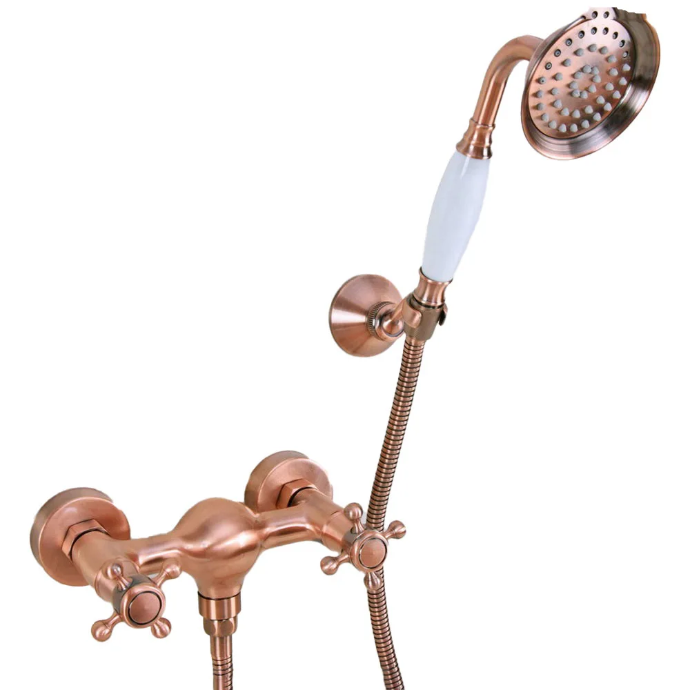 Antique Red Copper Brass Bathroom Hand Held Shower Faucet Set Bath Mixer Taps ana297