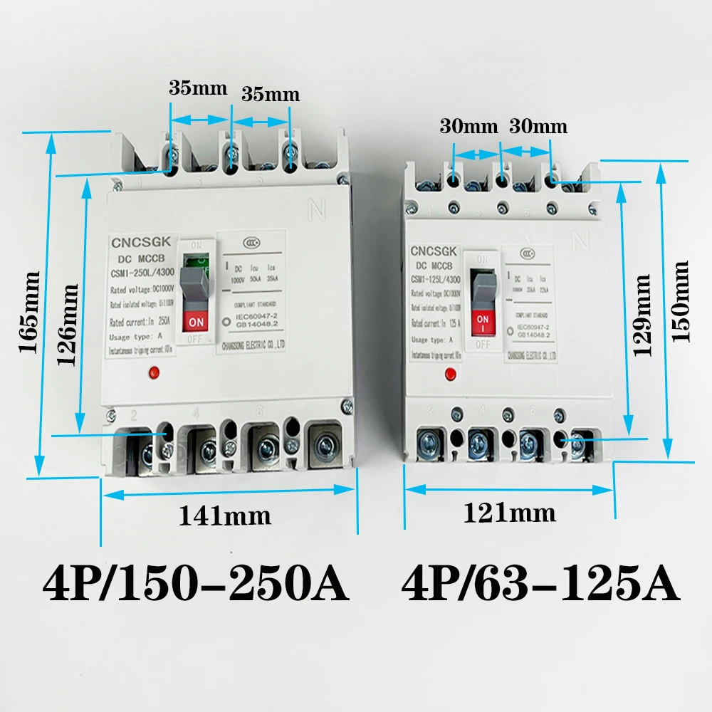 4P 150A 160A 225A 250A Molded Case Circuit Breaker Overload DC1000V Electrical Equipment MCCB Car Charging Pile