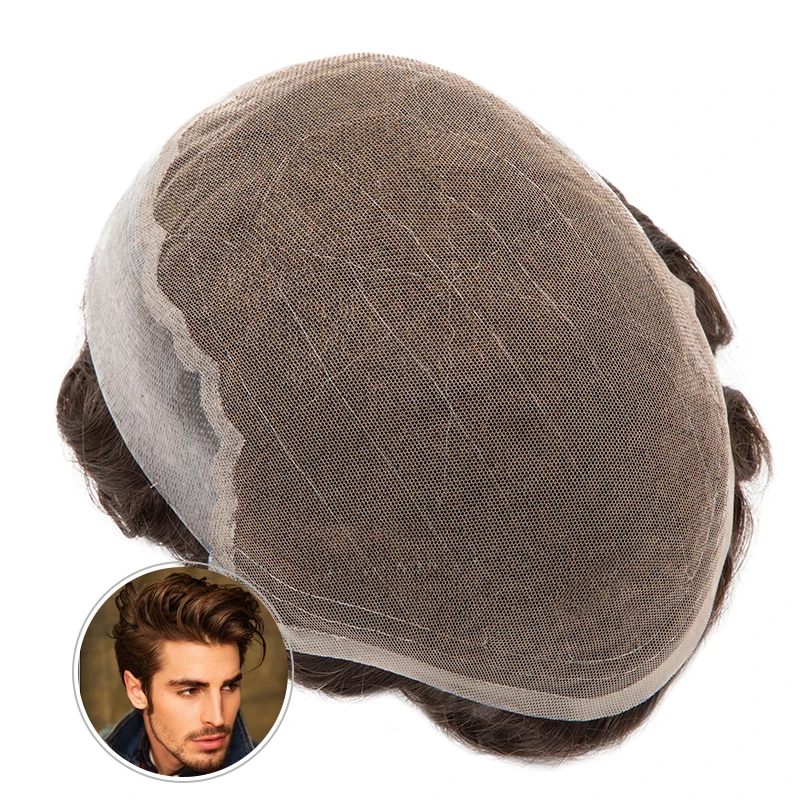 Q6 Men's Capillary Prothesis Swiss Lace PU Toupee for Man Indian Human Hair Wig Hair System Unit Natural Hairline Brown Toupee