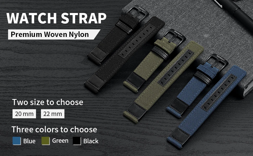 BERNY 20/22 mm Nylon-Uhrenarmband, atmungsaktiv, Sport-Uhrenarmbänder, gewebtes Nylon-Armband, Haltbarkeit, Stahlschnalle, werkzeugloses Uhrenarmband – Detail 1