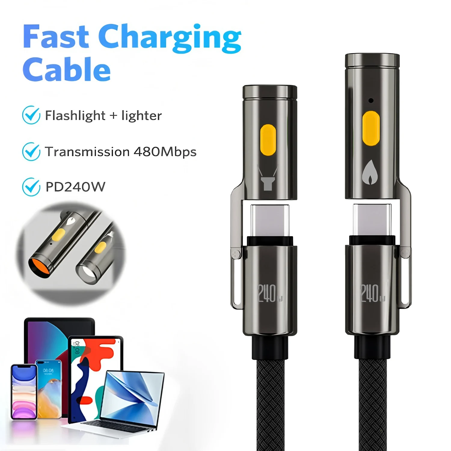 240W USB-C to C Braided Fast Charge Cable LED Flashlight Emergency Lighter Multi-function Phone Charging Cord
