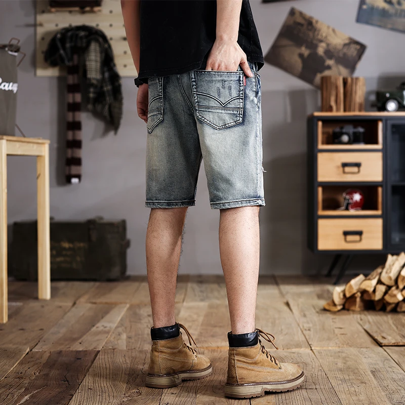 Marca americana de moda masculina shorts jeans finos, perna reta, calças quartas, com lavagem retrô, calças médias, verão