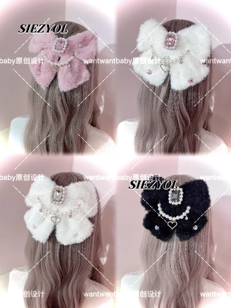 Bow Hairpin Original Mass Production Lolita Pearl Rhinestone Plush Spring Clip Brooch Sweet Versatile Hair Accessories Headdress