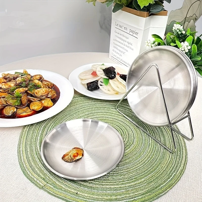 4 Plates + Shelf Household Stainless Steel Plate Set Desktop Garbage Residue Spitting Bone Plate Circular Snack Plate