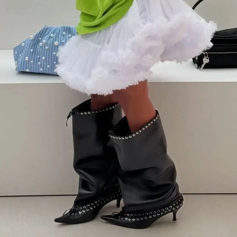 

Stiletto Heel Pointed Eyelet Bow High Boots Fashion Wide-Tube Long Botines Lace-Up Rivet Women Botas