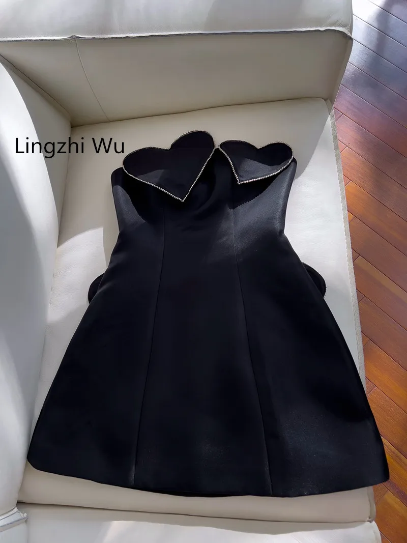 Lingzhi Wu-Vintage Black Dress for Ladies, Birthday Formal Dresses, Heart Strapless Short Vestidos, New Arrival