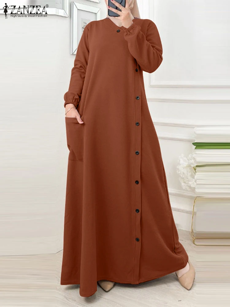 ZANZEA Women 2024 Muslim Long Dresses Casual Loose O Neck Long Sleeve Textured Abaya Robes Islamic Hijab Buttons A-line Vestidos