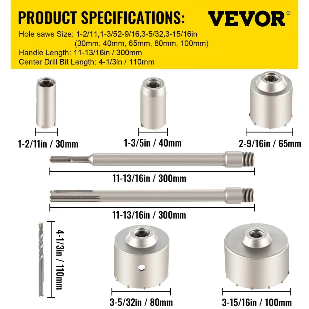 VEVOR 4 in 1 Concrete Hole Saw Kit 8/9PCS 30-100/40-125 mm SDS Plus or SDS Max Shank Cement Drill Bit Wall Hole Opener Tools Set