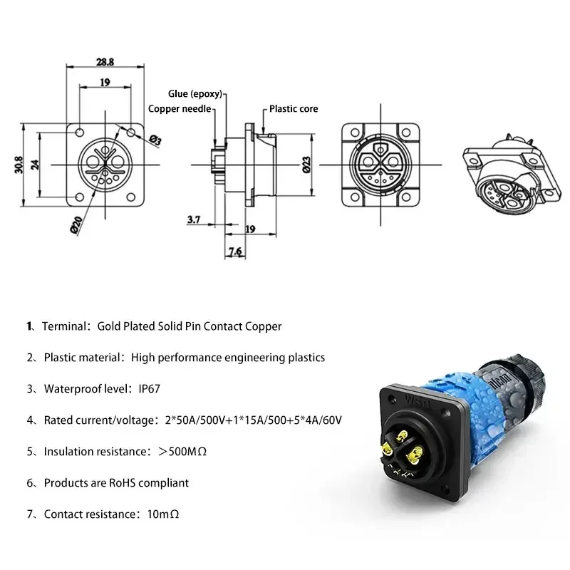 50A M23 2+1+5 Lithium Battery Connector Waterproof IP67 Male Female Plug Socket New Energy Electric Bicycle Charging Port Cable