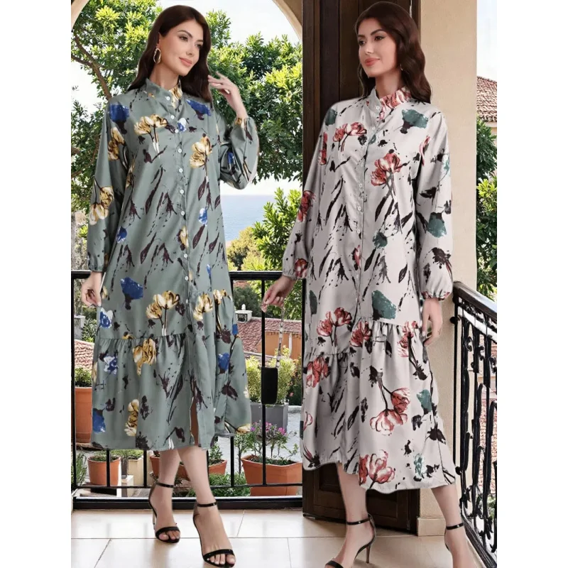 

Muslim Plus Size Women's Clothing European and American Mid-Length Sleeve Fashionable Loose Casual Floral Long Dress for Women