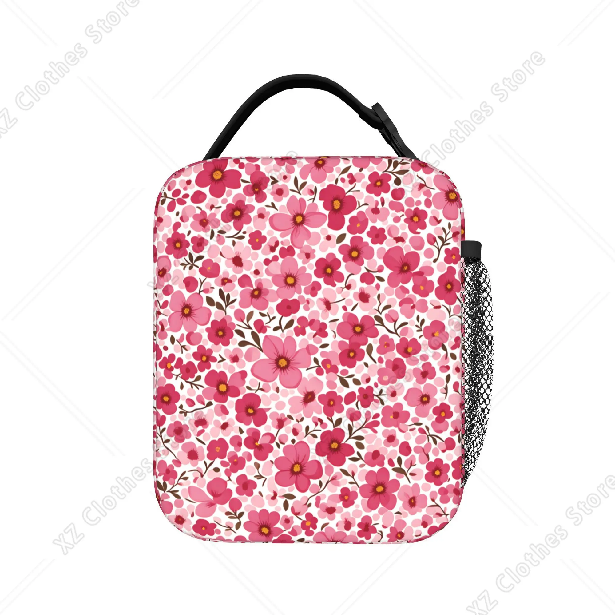 Dense Pink Floral Cherry Pattern Lunch Bag Outdoor Picnic Portable Insulated Thermal Lunch Bags For Men Waterproof Cooler Bag
