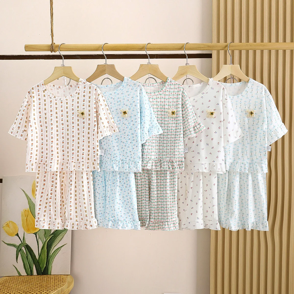 Girls Summer Thin Breathable Sweet Pajamas Half Sleeve Cartoon Floral Print Clothing Set Sleepwear Children's Casual Homewear