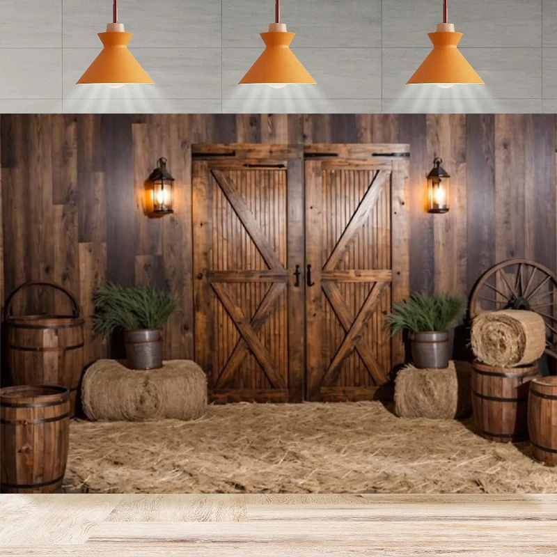 Rustic Barn Door Photography Backdrop Wooden Wall Farm Barn Haystack Background Birthday Home Party Backdrop Wall Banner Decor