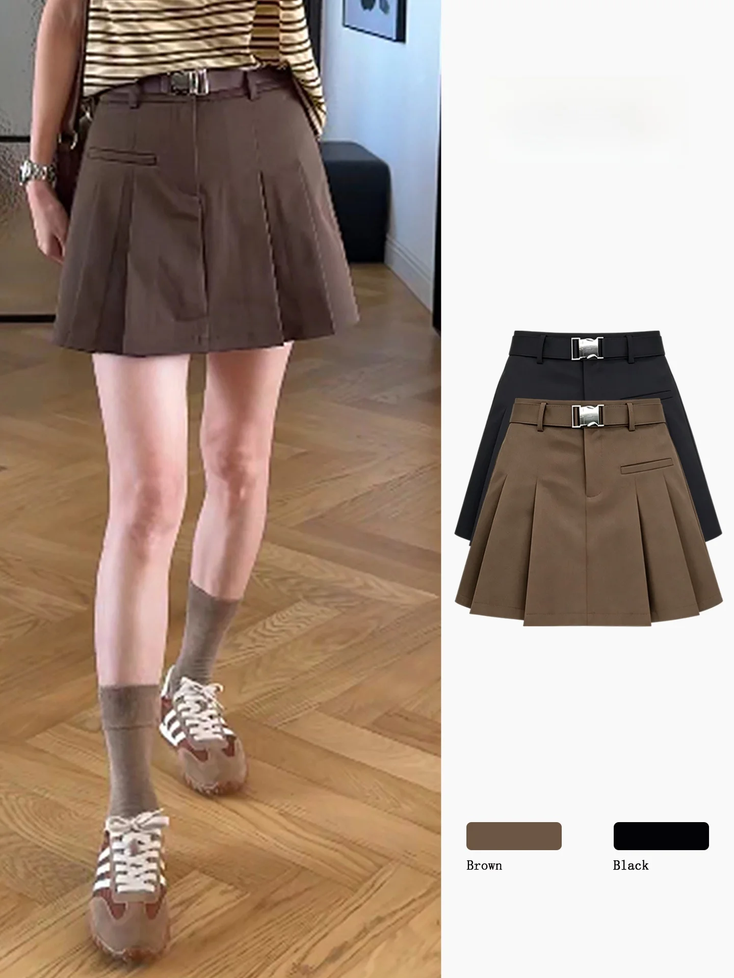 

High Waist A-Line Pleated Skirt for Women Commute Slimming Suit Short Skirt Polyester Fiber Belted Stylish Summer New Ar...