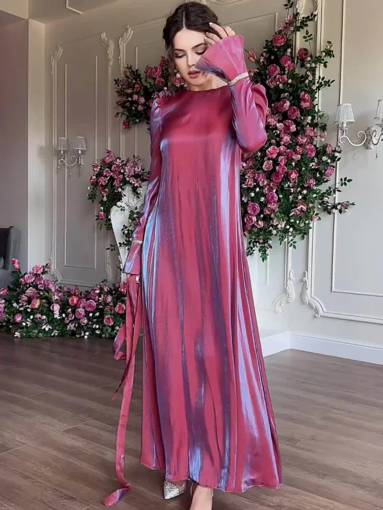 Eid Dubai Muslim Silky Dress for Women Abaya Morocco Party Dresses Ramadan Lace-up Kaftan Islam Vestidos Largo Long Robe 2024