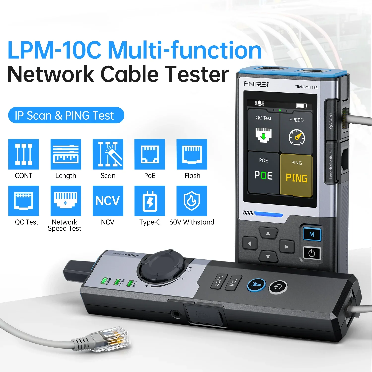 FNIRSI LPM-10C Network Cable Tester RJ45 RJ11 PING IP Scanner PoE Detection Latency Finder Tool for Ethernet Troubleshooting Kit