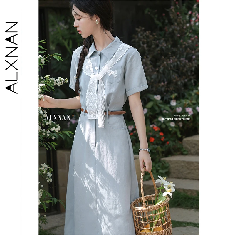 ALXNAN حجم كبير فستان أزرق طويل أنيق ليوسيل قميص فستان المرأة 2025 الدانتيل شال عطلة ملابس السيدات غير رسمية D10851