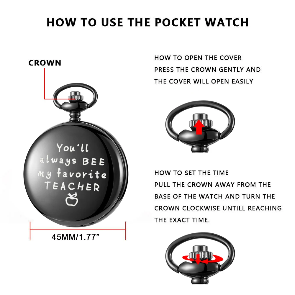 영어 알파벳 얼굴 포켓 시계 조각, 벨트 체인, 블랙 쿼츠 시계, 교사용 완벽한 선물