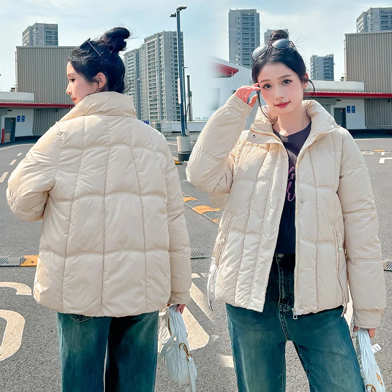 

Parkas Coats Women Short Jackets Solid Zipper Pocket Stand Collar Long Sleeves Loose Fit Thick Office Lady Casual 2025 Winter