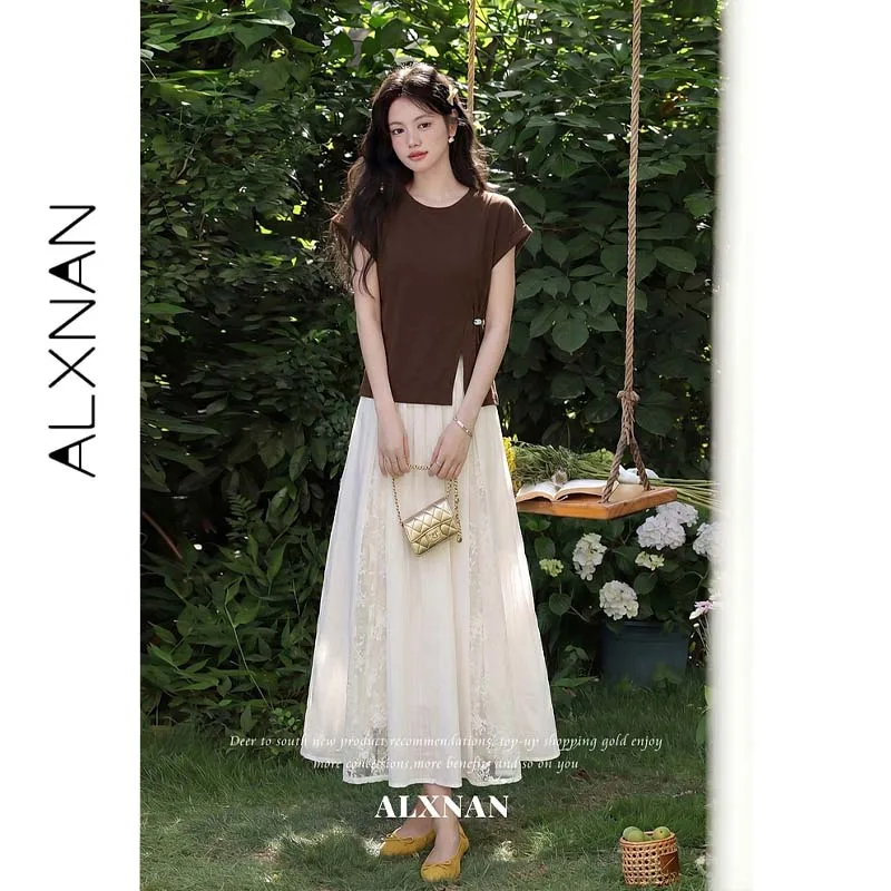 ALXNAN Retro Coffee Short Sleeve T-shirt Women Round Neck Flutter Sleeve Side Slit Casual Top Female Summer New Tee L66817