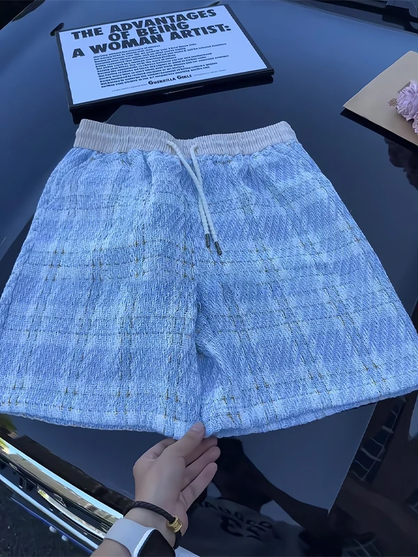 Blue Plaid Knitted Shorts Men's Summer Unique Design Five-Quarter Straight Leg Pants Lazy American Style Cotton Polyester Blend